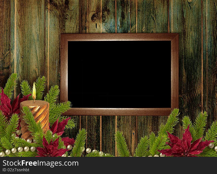 Card for the holiday with branches and flower on the wooden background