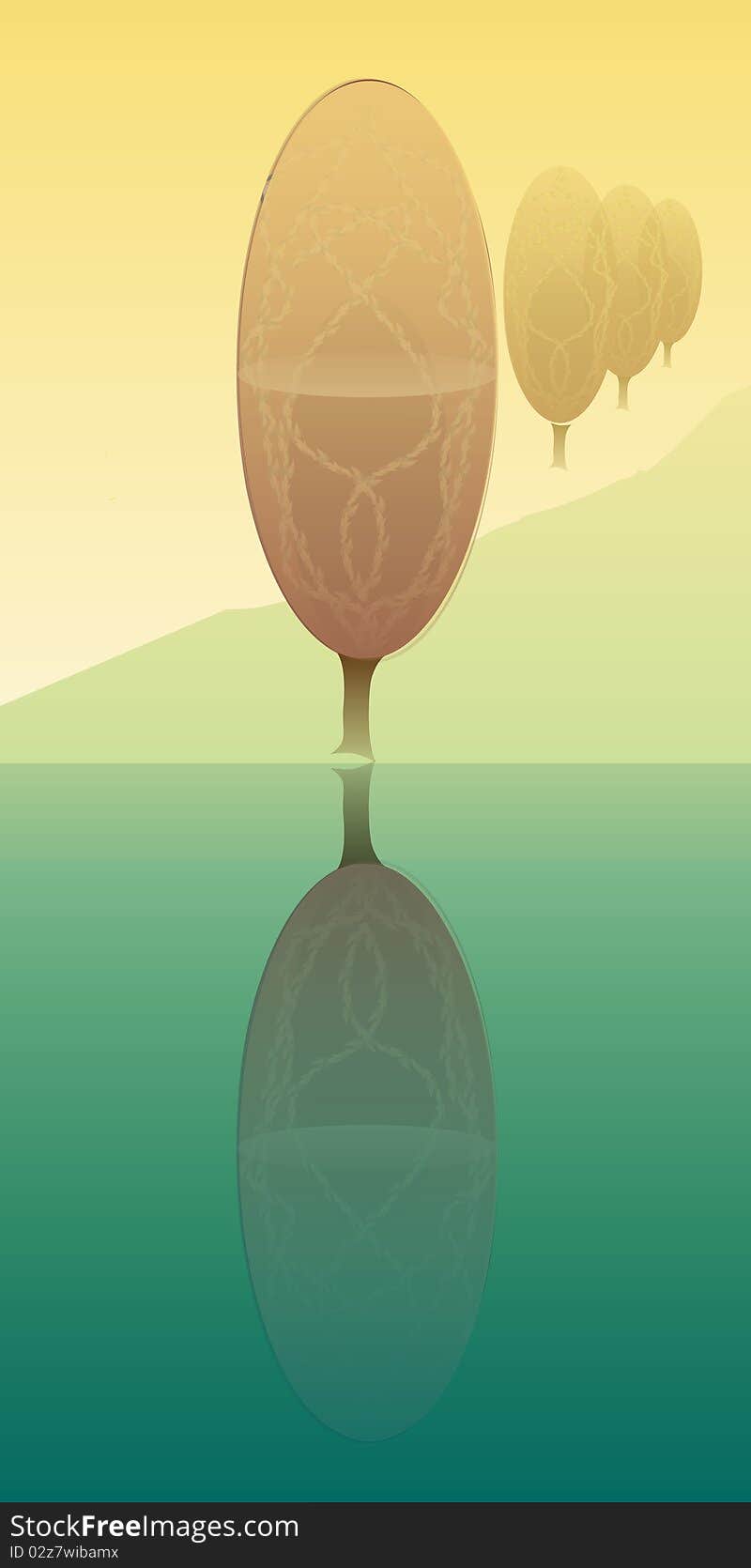 Vector illustration,trees on a meadow, reflection in water