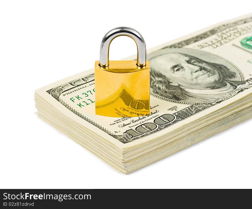 Money and lock isolated on white background