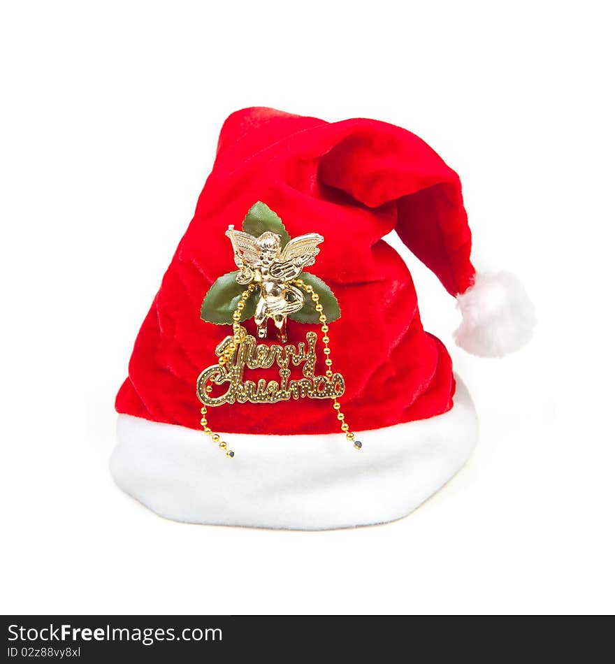 Red santa claus hat isolated on white background