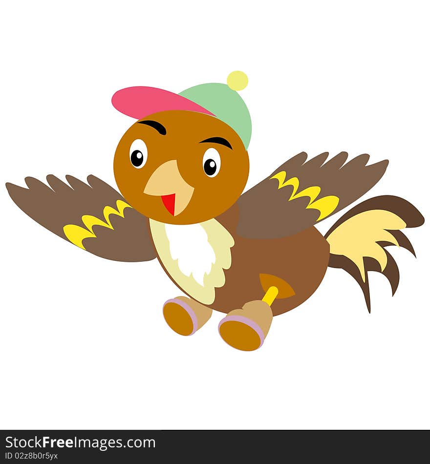 Drawing cartoon sparrow in cap and footwear. Drawing cartoon sparrow in cap and footwear