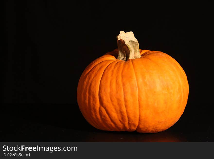 Pumpkin in front of black background with room for text. Pumpkin in front of black background with room for text