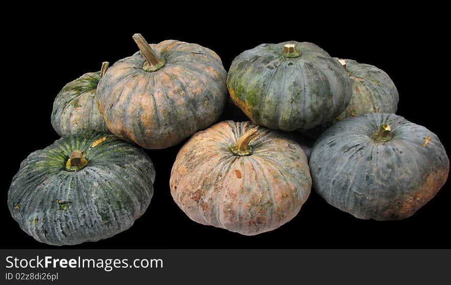 Group of pumpkins for sell at market on black background