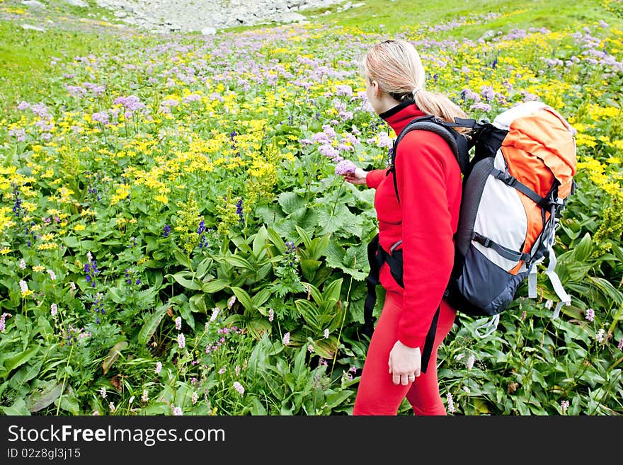 Woman backpacker in Vysoke Tatry (High Tatras), Slovakia