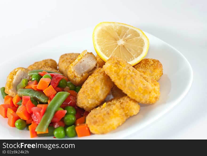 Chicken with side-dish, white background