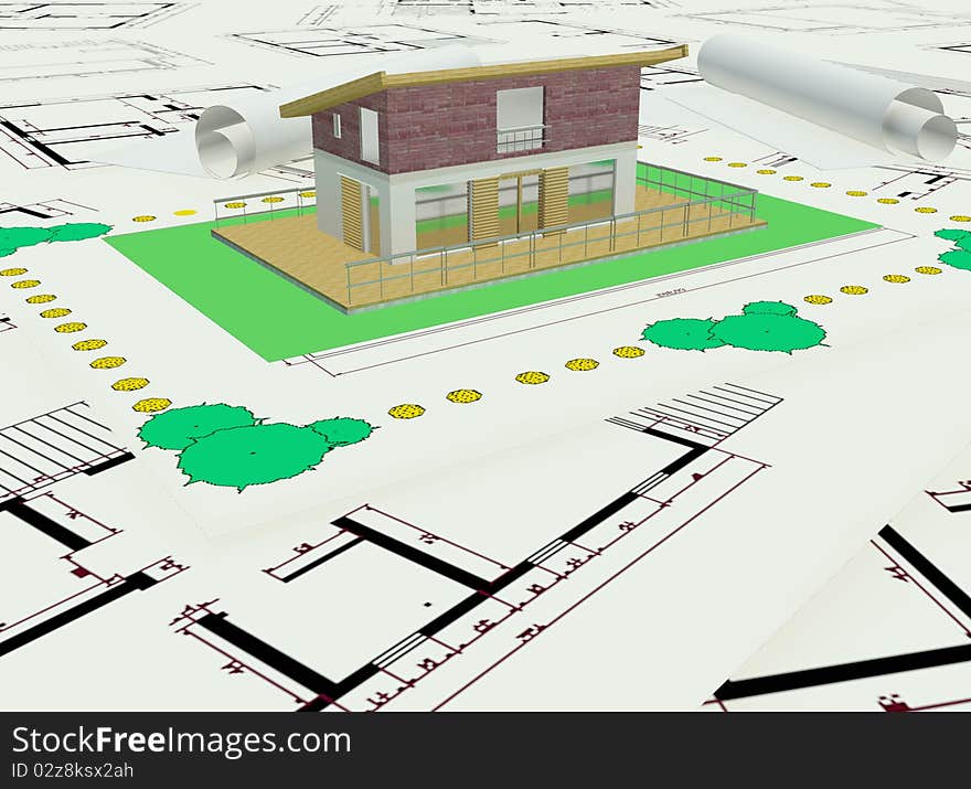 Three dimentional colored house plan with landscaping and swimming pool