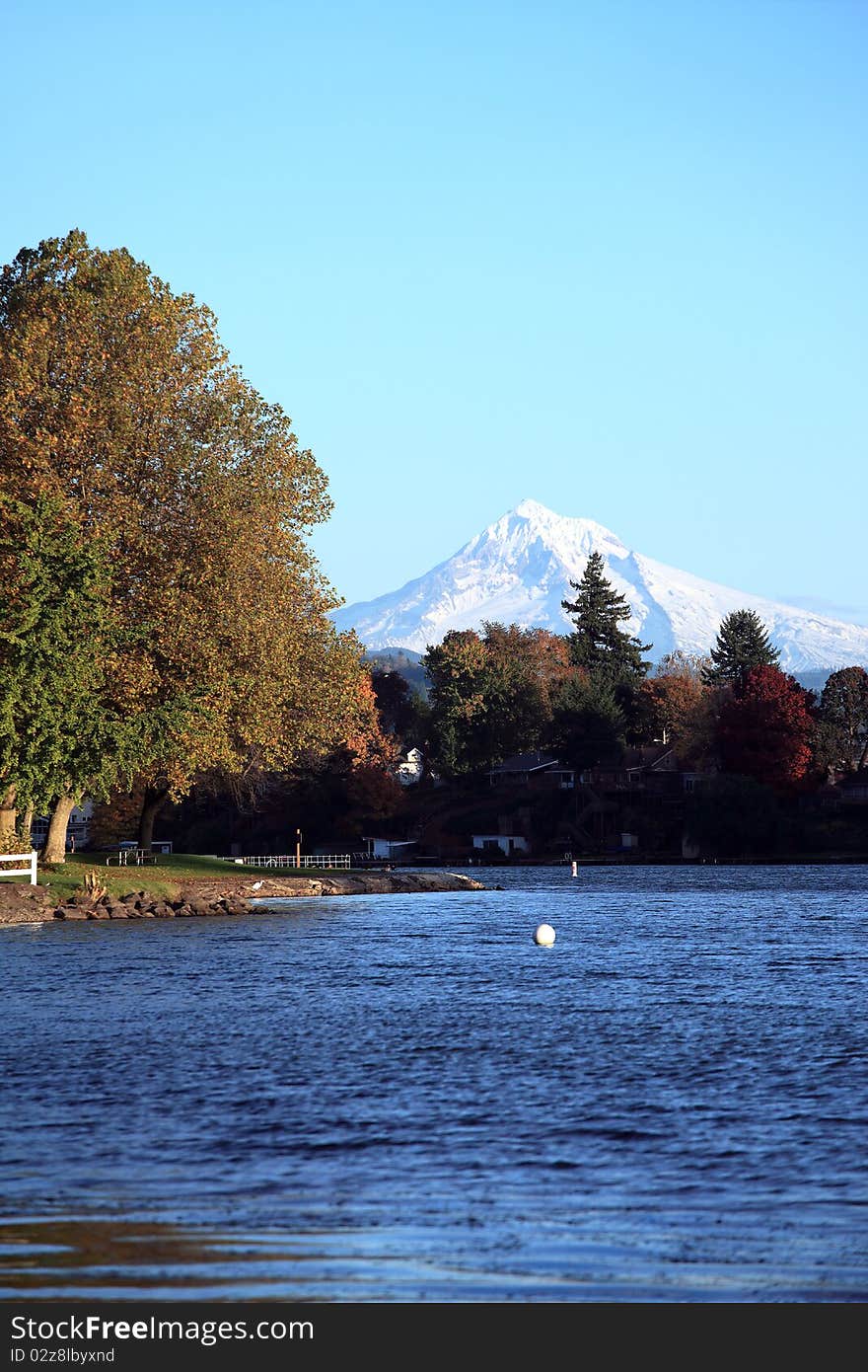 Mt. Hood in the distance at the blue lake park in Fairview Oregon. Mt. Hood in the distance at the blue lake park in Fairview Oregon