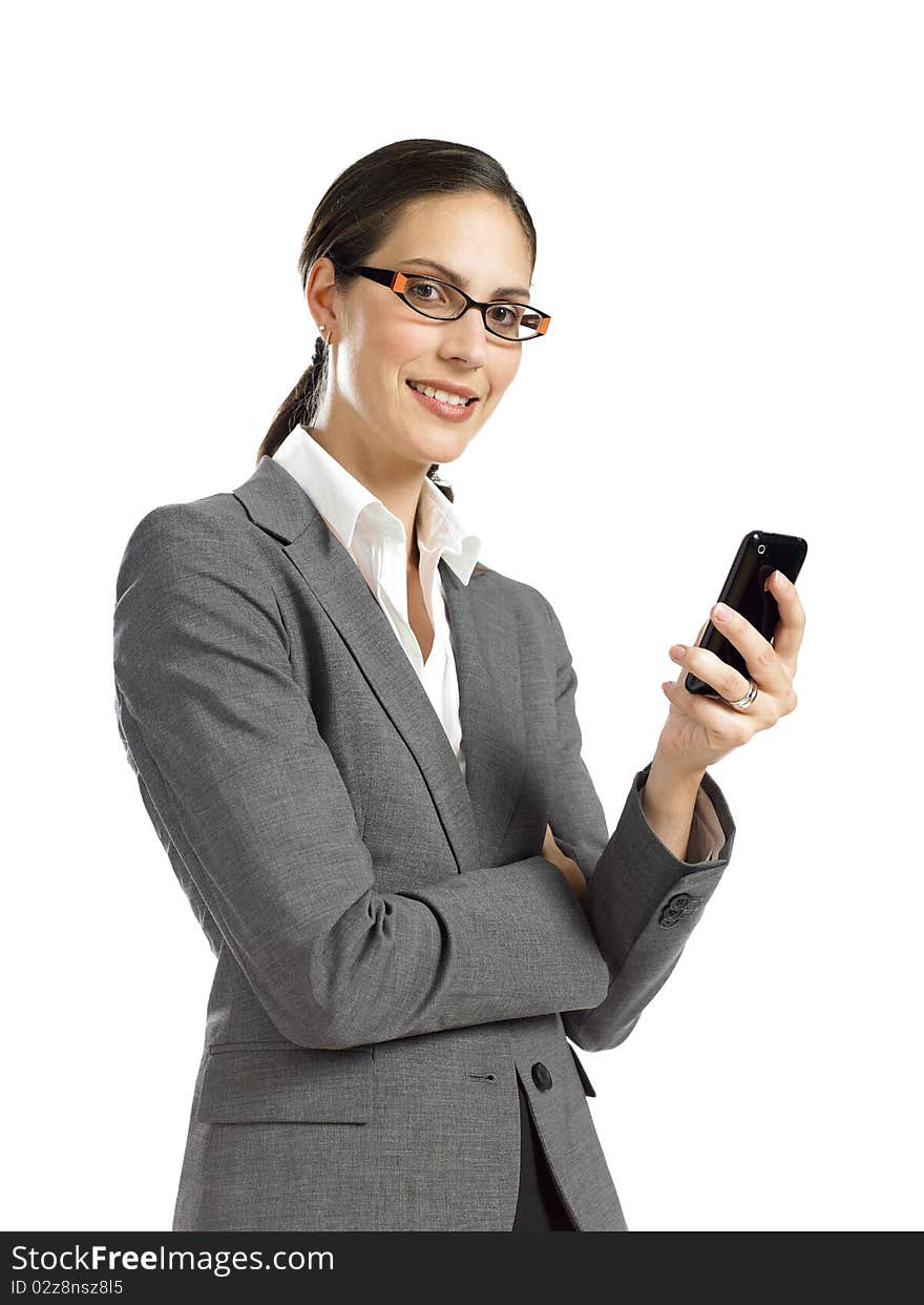 Young confident business woman holding a cellphone 2. Young confident business woman holding a cellphone 2