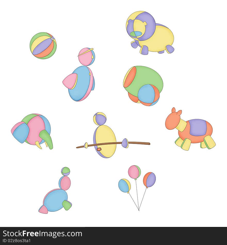 Stylized circus-themed characters and symbols in pastel colors.