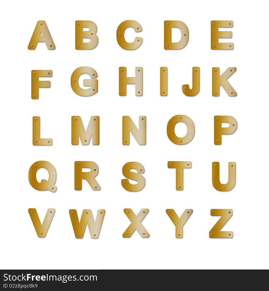 Letter-shaped brass plates. Isolated illustrations on white background. Letter-shaped brass plates. Isolated illustrations on white background.