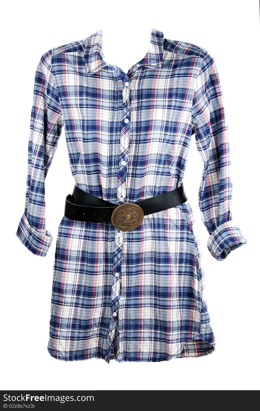 Feminine plaid shirt and leather belt on white background