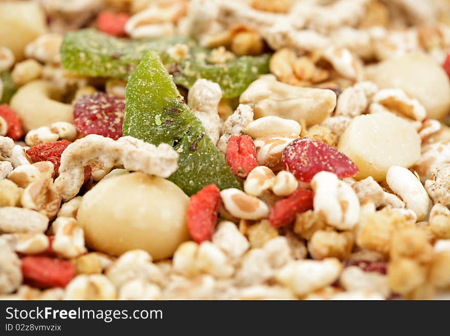 Muesli mix with kiwi and goji berries closeup