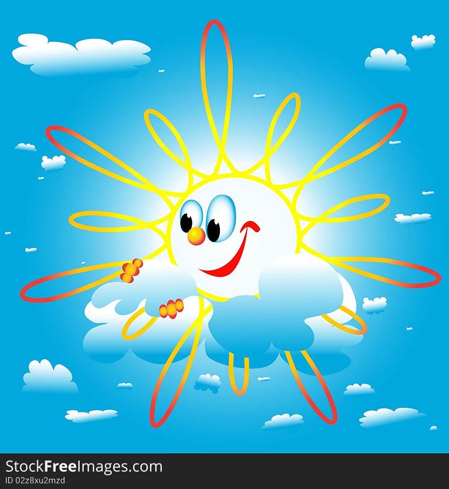 The sun rolls around, the weather is good, a phenomenon in the sky, riding on a cloud, happy sun, yellow sun, blue sky