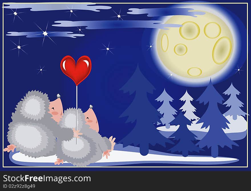 Hedgehogs looks on the moon.