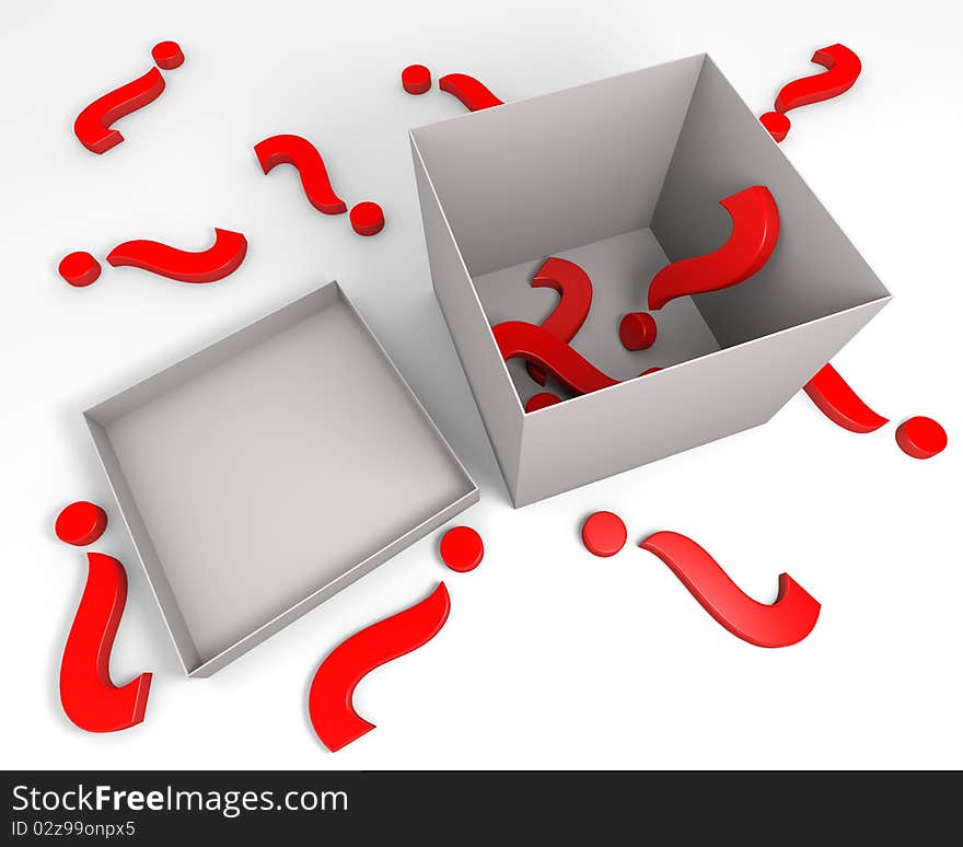 Three dimensional rendering of red question marks symbol inside and outside the gray box. Three dimensional rendering of red question marks symbol inside and outside the gray box.