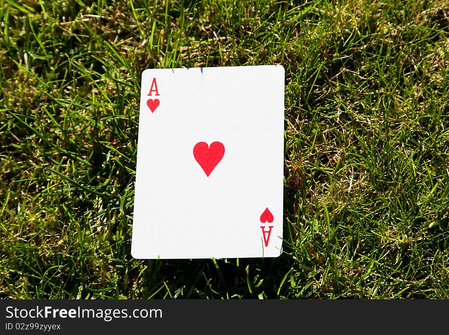 The ace of hearts on grass