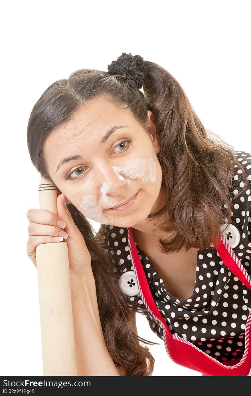 Extravagant emotional housewife on a white background