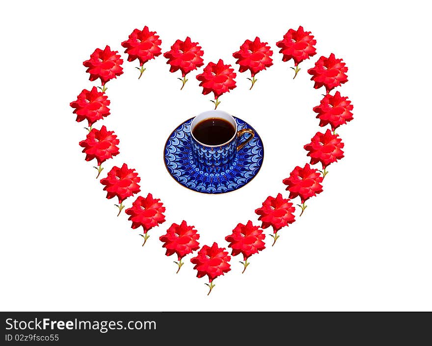 Red Roses frame in the shape of heart and elegant porcelain cup with coffee isolated over white. Red Roses frame in the shape of heart and elegant porcelain cup with coffee isolated over white