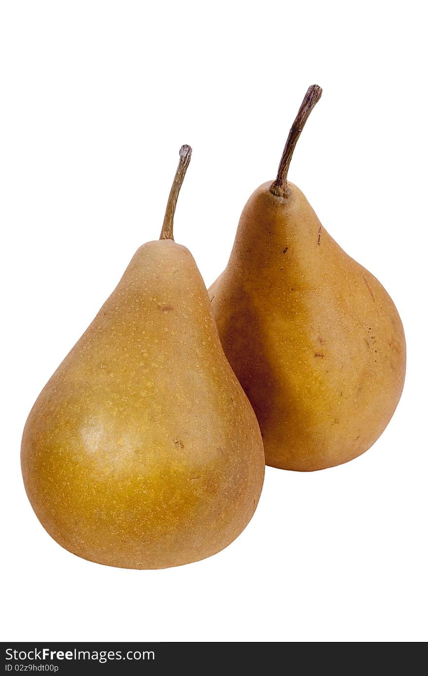 Flavovirent pears with a matte surface on a white background.