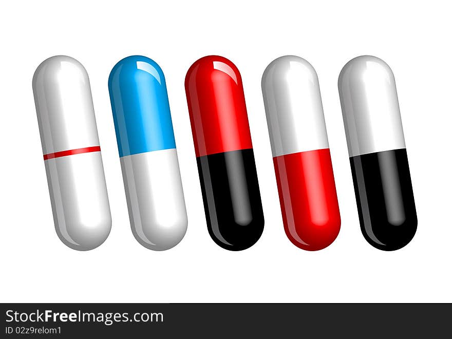 Set of color pills or capsules on white. Set of color pills or capsules on white