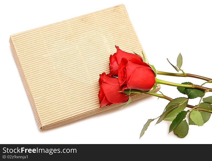 Red roses and gift box on white background