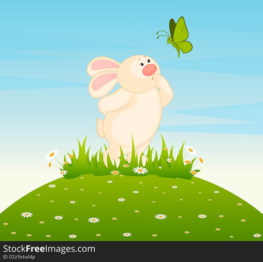 Cartoon little toy bunny with butterfly