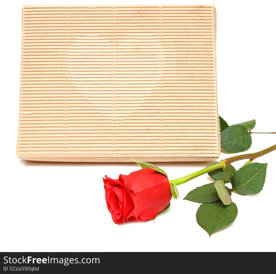 Red rose and gift box on white background