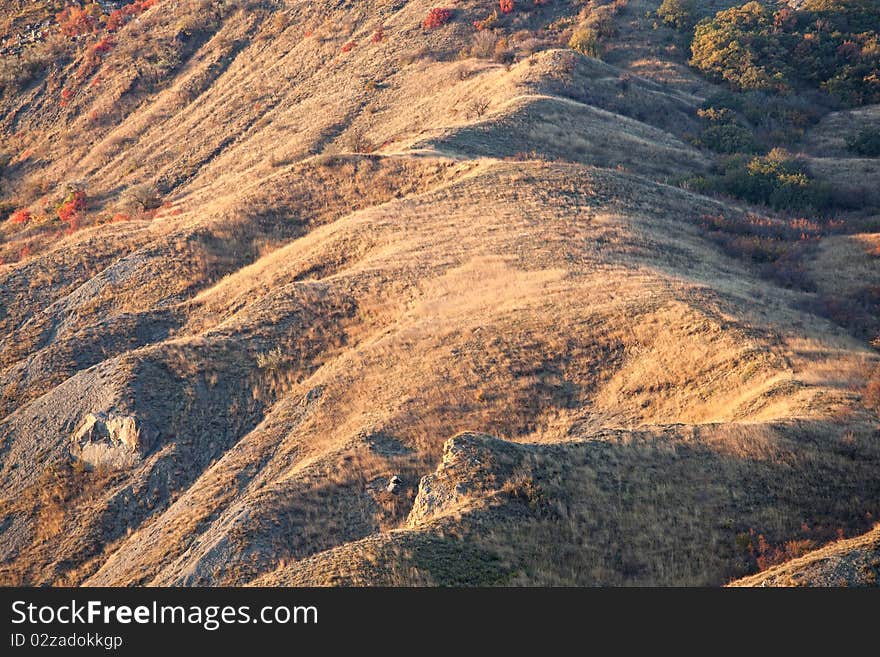 Autumn mountain hills. Kara dag, Crimea, Ukraine