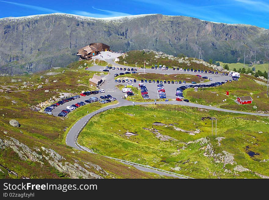 Picturesque Norway mountain landscape with parking