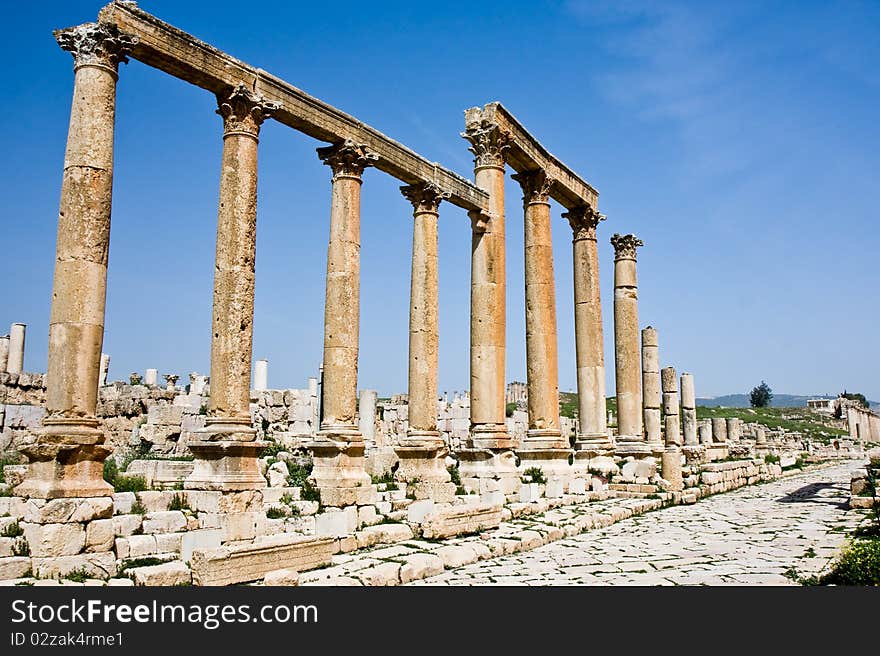 Columns at the Roman ruins in Jerash, Jordan