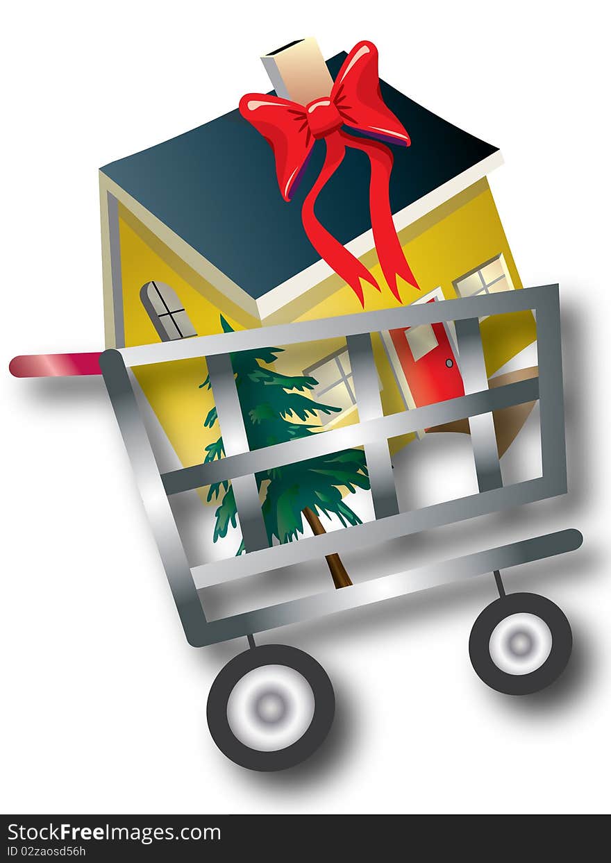 Illustration showing a shopping cart carrying a big gift with a red bow: a new house. Illustration showing a shopping cart carrying a big gift with a red bow: a new house.