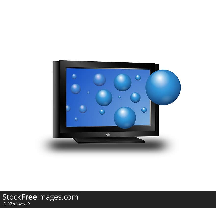 Vector drawing of new 3D TV with flying blue balls