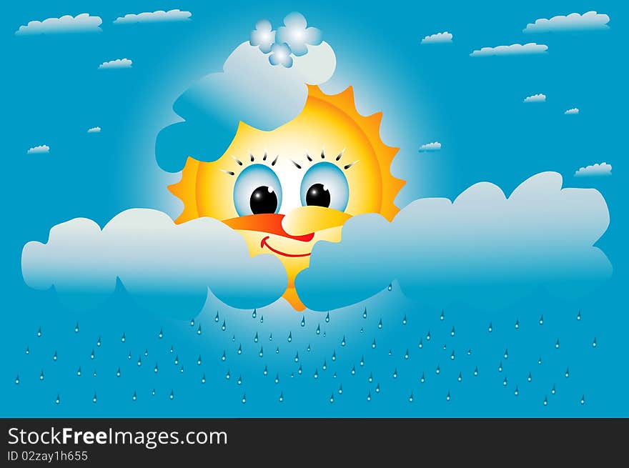 Yellow sun smiles in the clouds, the rain comes, the rain, blue sky, cheerful sun