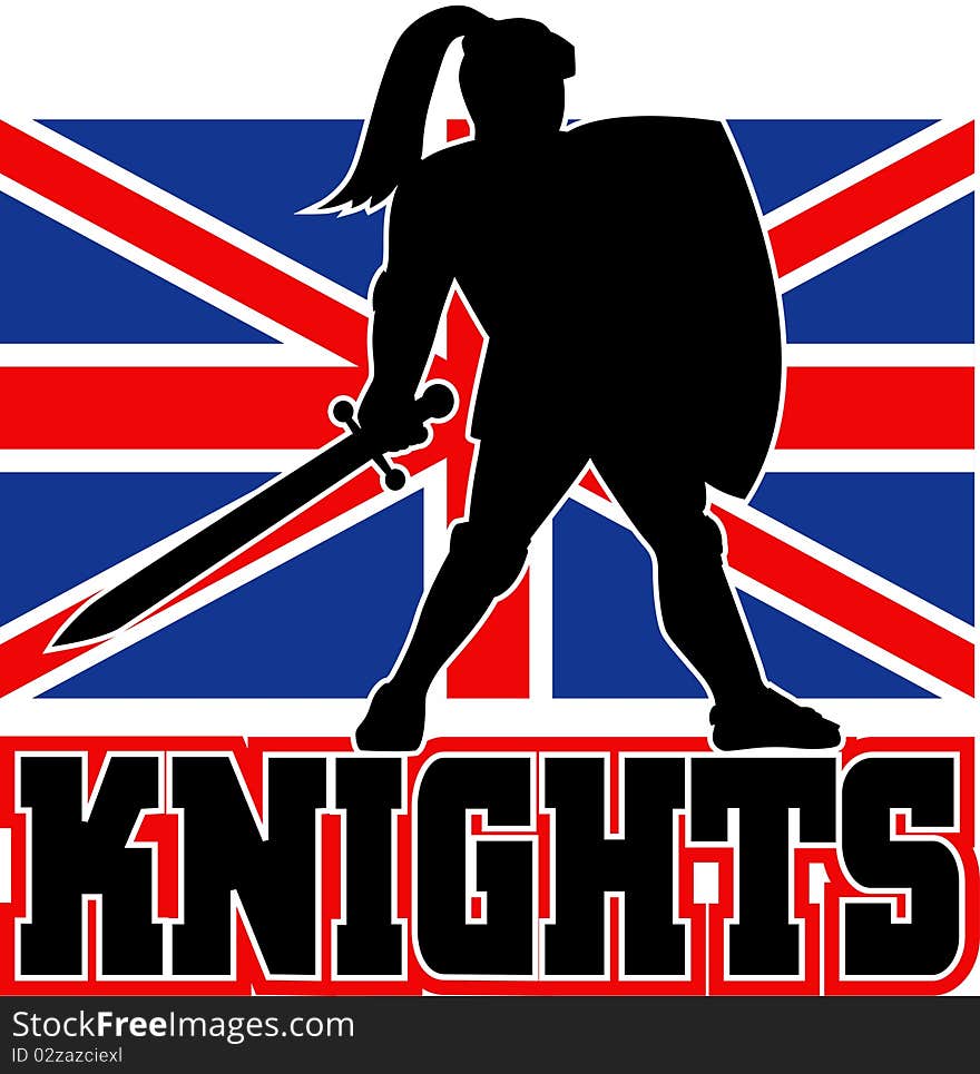 Illustration of a Knight silhouette with sword and shield facing side with GB Great Britain British union jack flag in background words Knights suitable as mascot for any sports or sporting club or organization. Illustration of a Knight silhouette with sword and shield facing side with GB Great Britain British union jack flag in background words Knights suitable as mascot for any sports or sporting club or organization