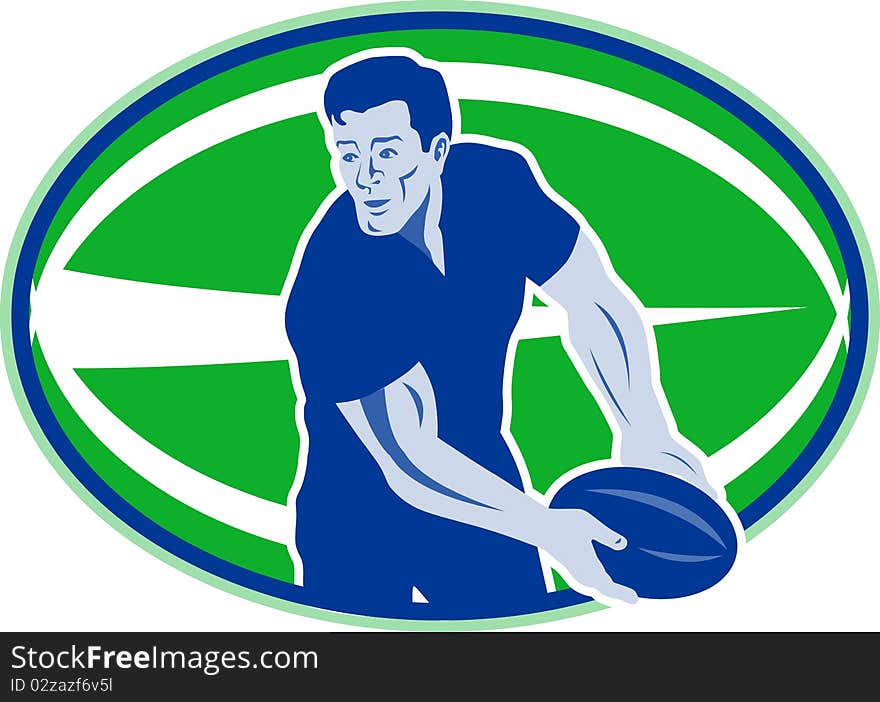 Illustration of a rugby player passing ball viewed from front with ball in background retro style