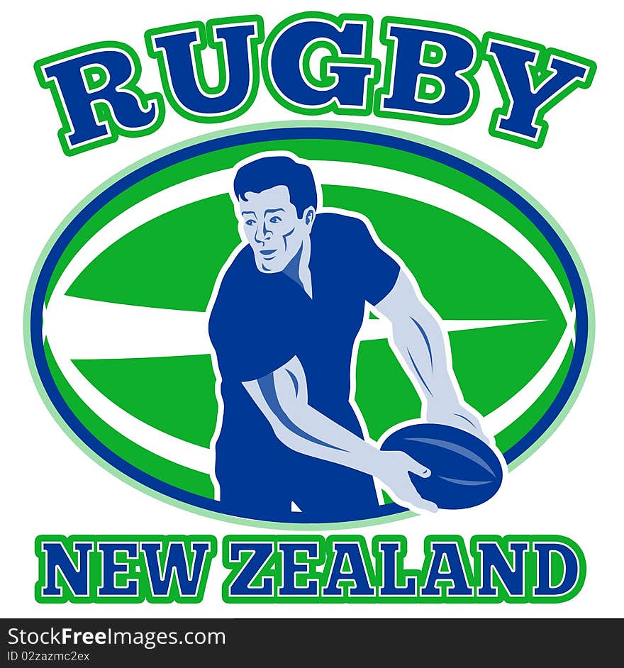 Retro style illustration of a rugby player passing ball viewed from front with ball in background and words rugby new zealand. Retro style illustration of a rugby player passing ball viewed from front with ball in background and words rugby new zealand