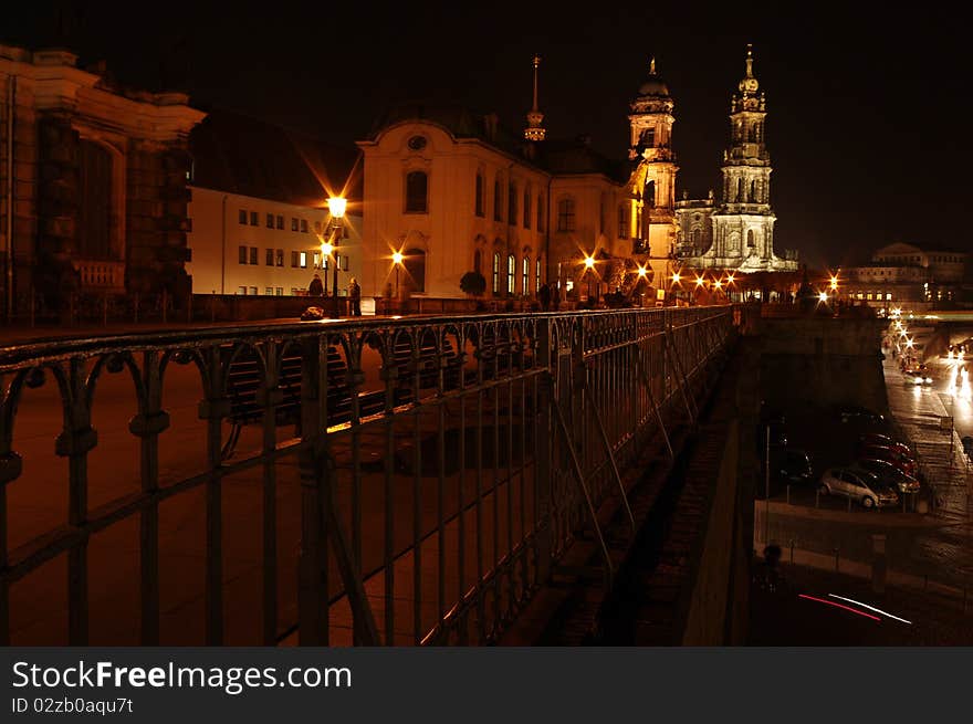 View of the Bruehlsche Terrace towards catholic church and residential Castle of Dresden. View of the Bruehlsche Terrace towards catholic church and residential Castle of Dresden