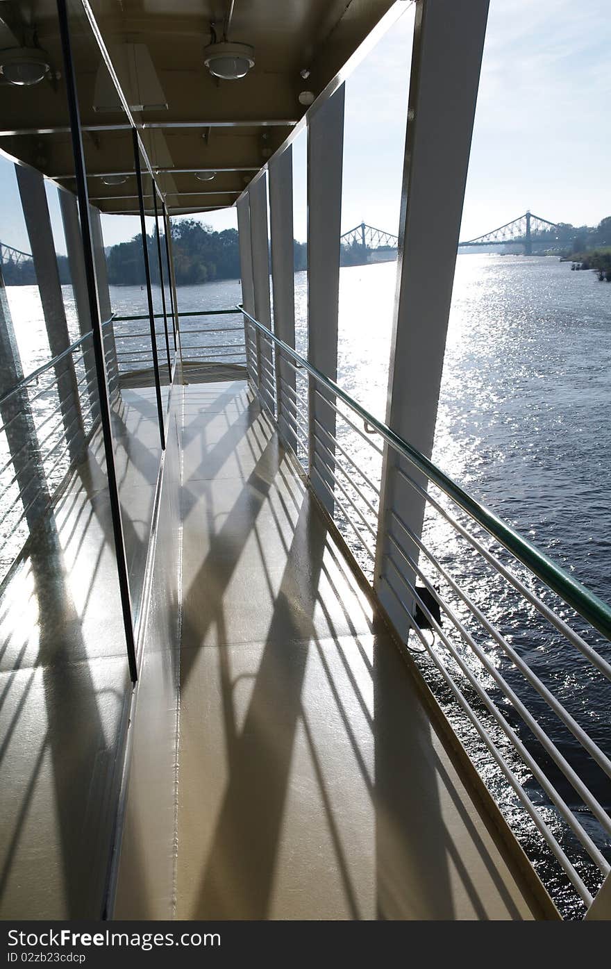 River Elbe in Germany seen from a Boat, running towards a Bridge called Blue Wonder, Saxony. River Elbe in Germany seen from a Boat, running towards a Bridge called Blue Wonder, Saxony