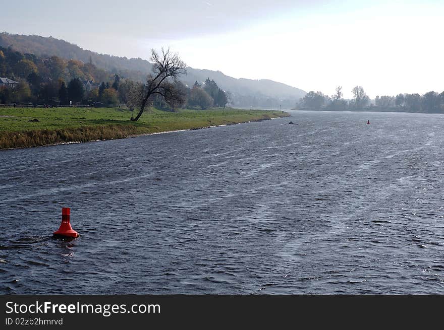 Valley of the River Elbe near Dresden, Saxony in Germany, Kayaks and Buoy