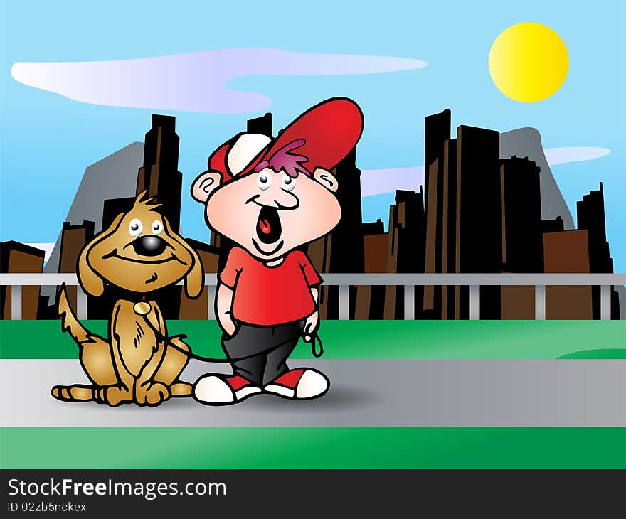 Cute boy and his Brown Puppy illustration on urban city background. Cute boy and his Brown Puppy illustration on urban city background