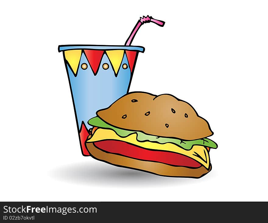 Hamburger cake and cola beverage illustration isolated on white. Hamburger cake and cola beverage illustration isolated on white