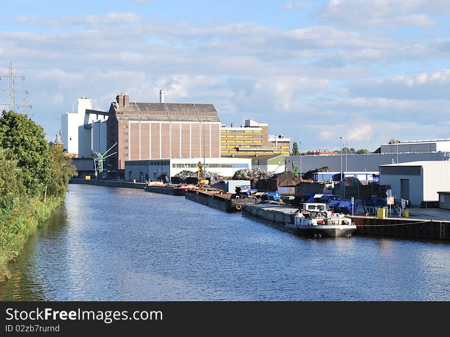 Barges and scrap iron facility at Westhafen docks, Berlin, Germany