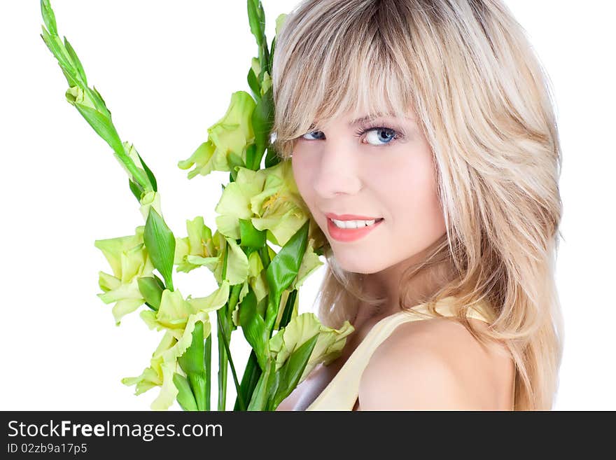 Beautiful woman with blond hair over white background