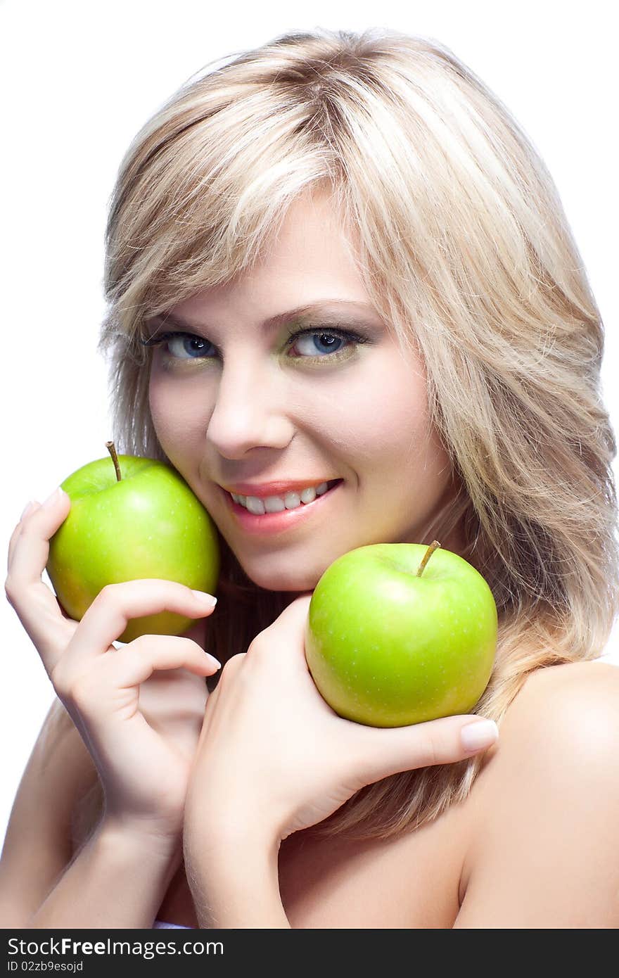 Beautiful woman   over white background with apples. Beautiful woman   over white background with apples