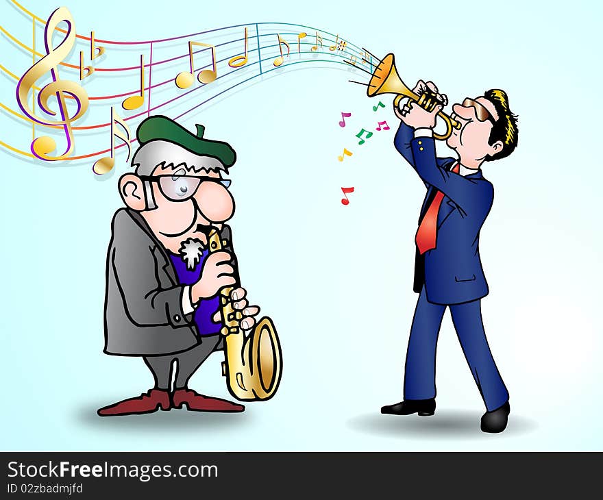 Two man in suit  playing saxophone and trumpet melody over music background. Two man in suit  playing saxophone and trumpet melody over music background