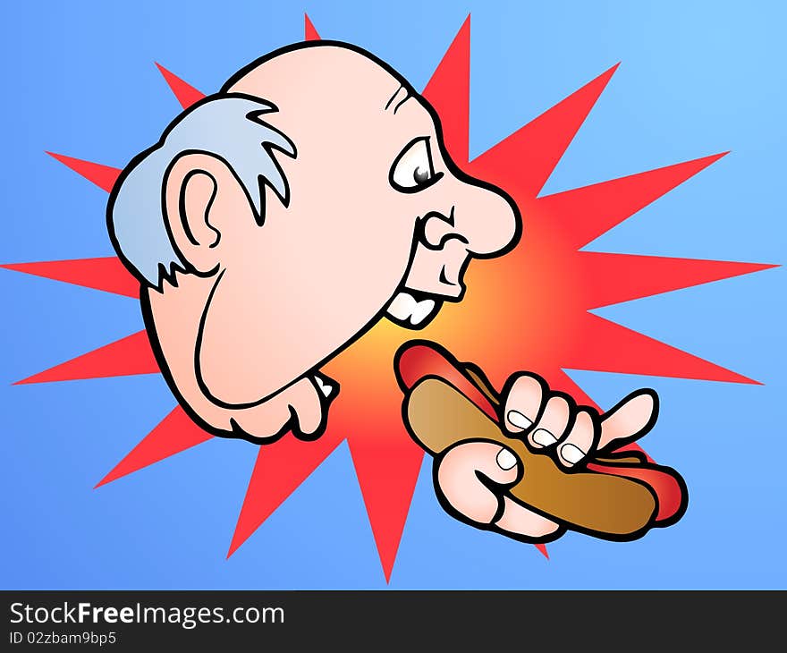 A man eat delicious hot dog on bright background,meal time illustration. A man eat delicious hot dog on bright background,meal time illustration