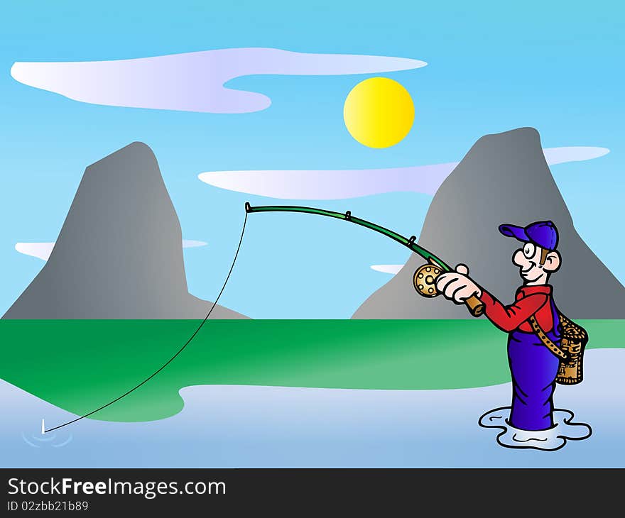 A man fishing on the blue river on nature background illustration