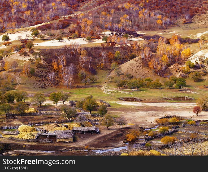 There is a village in vallay with autumn