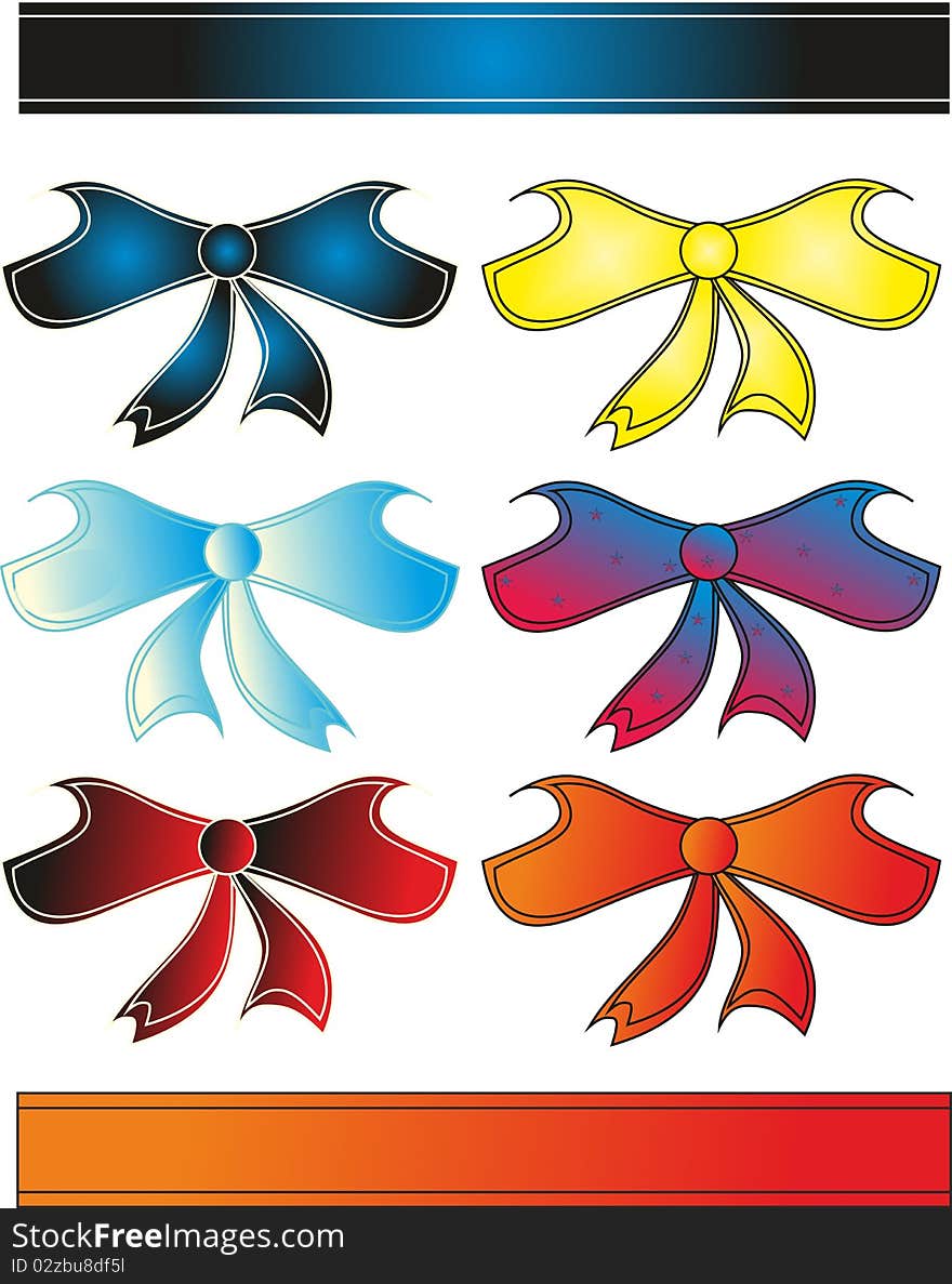 Six colorful bows and ribbons with a border. Six colorful bows and ribbons with a border