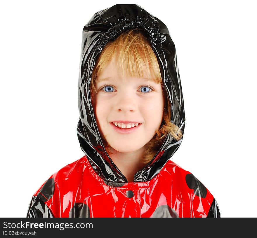 Studio shot with child with red raincoat isolated on the white background. Studio shot with child with red raincoat isolated on the white background.